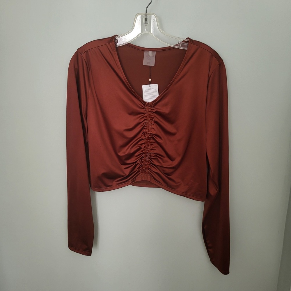Calia Women XXL Ruched Long Sleeve Rashguard UPF 50+ Odor Control Brown Shine